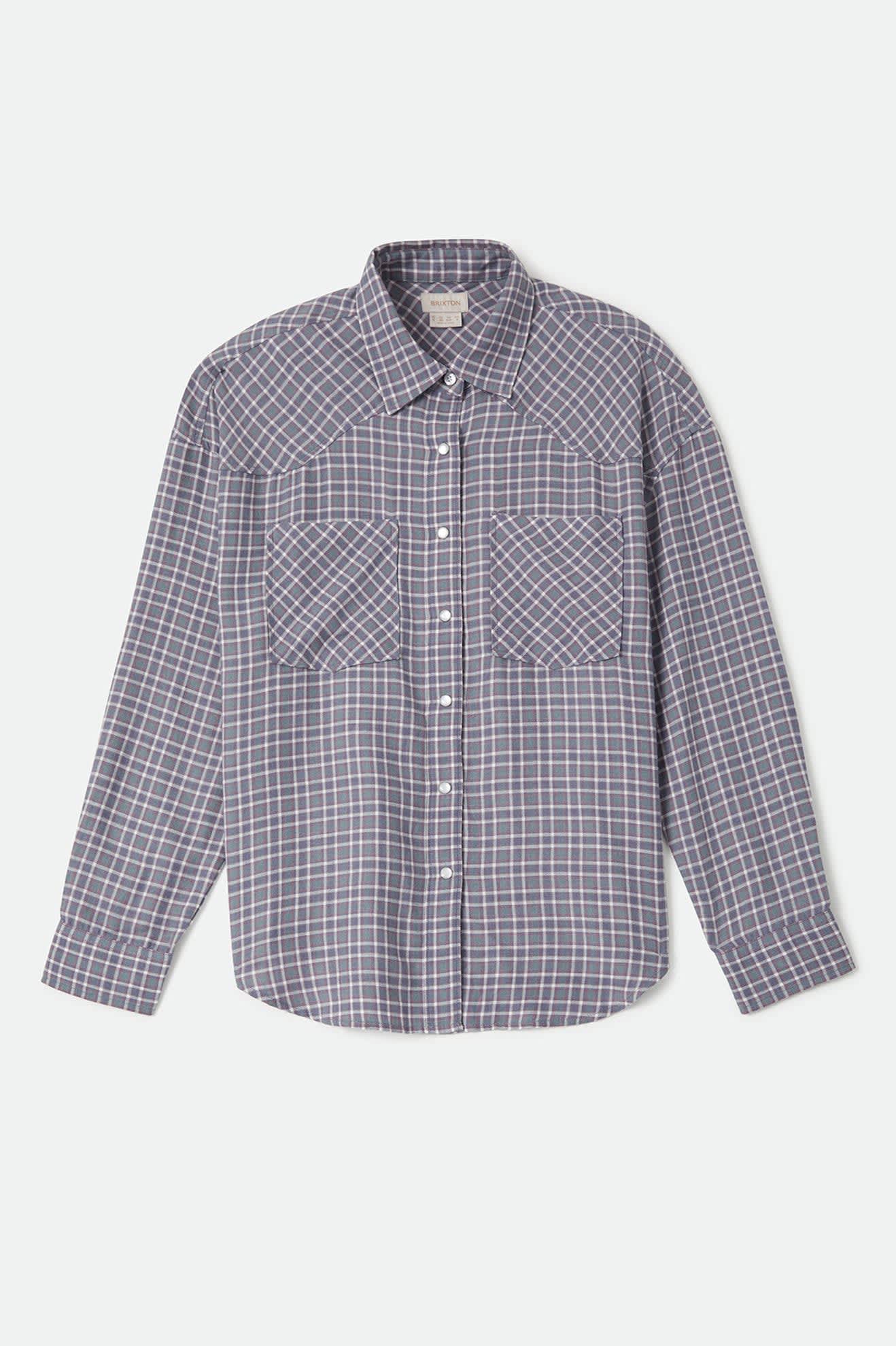 Women's Wayne Women's Shirt in the color Soft Navy Plaid - Front Product Laydown Image