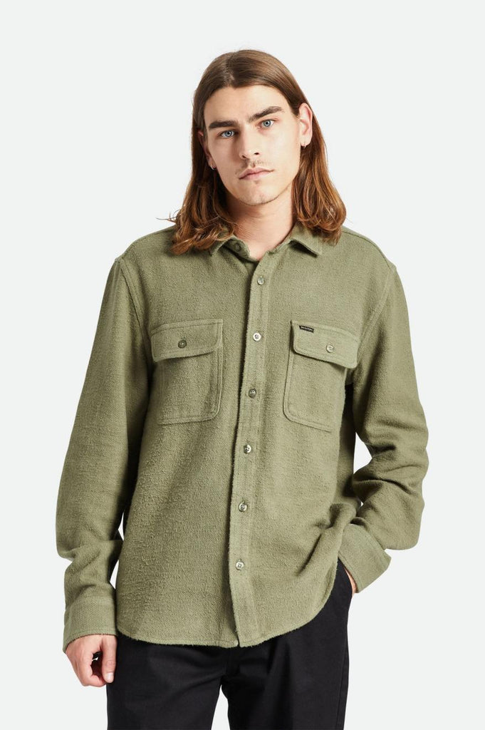 Men's Fit, Front View | Bowery Textured Loop Twill L/S Overshirt - Olive Surplus