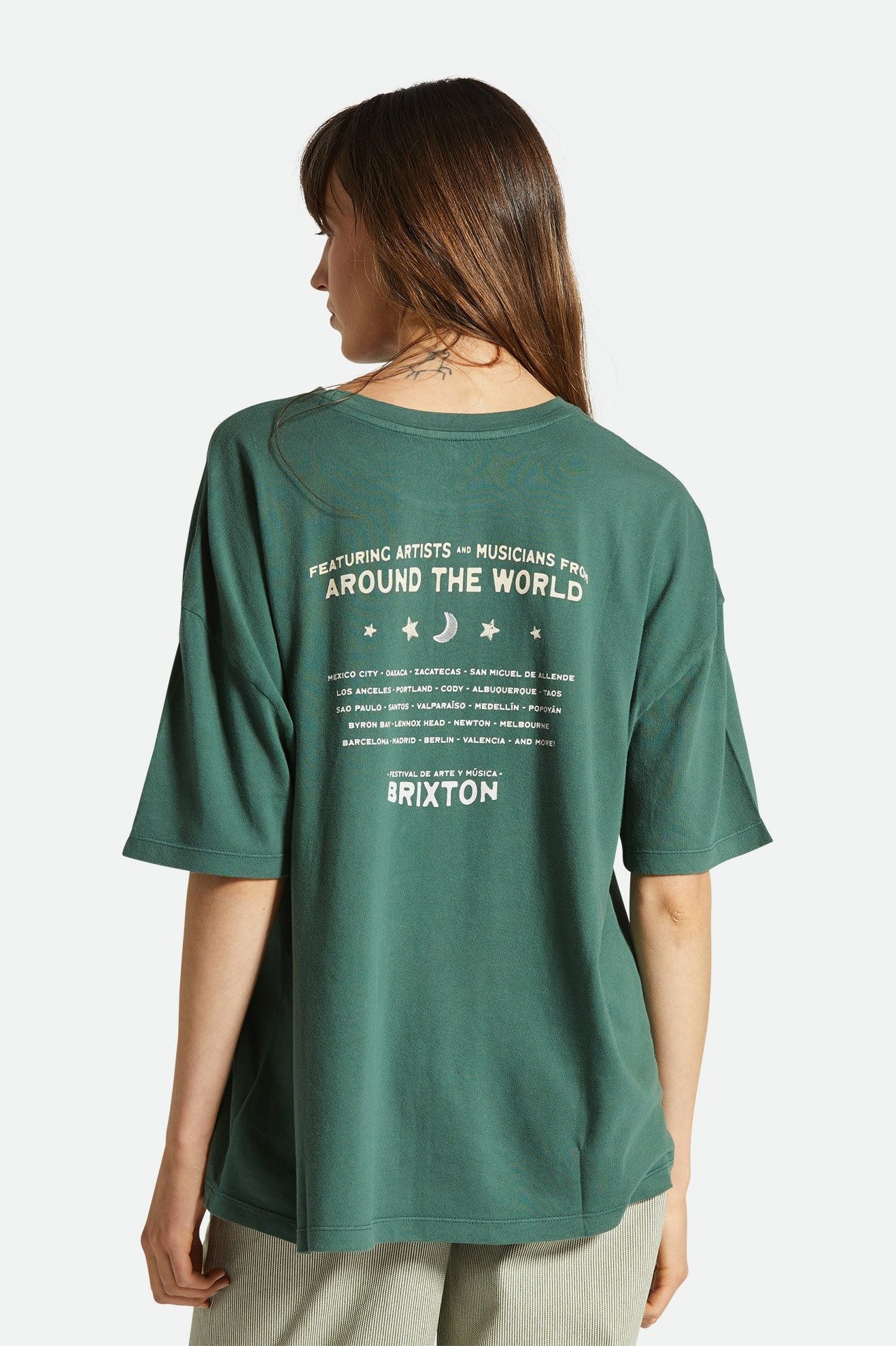 Women's Fit, Back View | El Festival Oversized Boyfriend Tee - Trekking Green