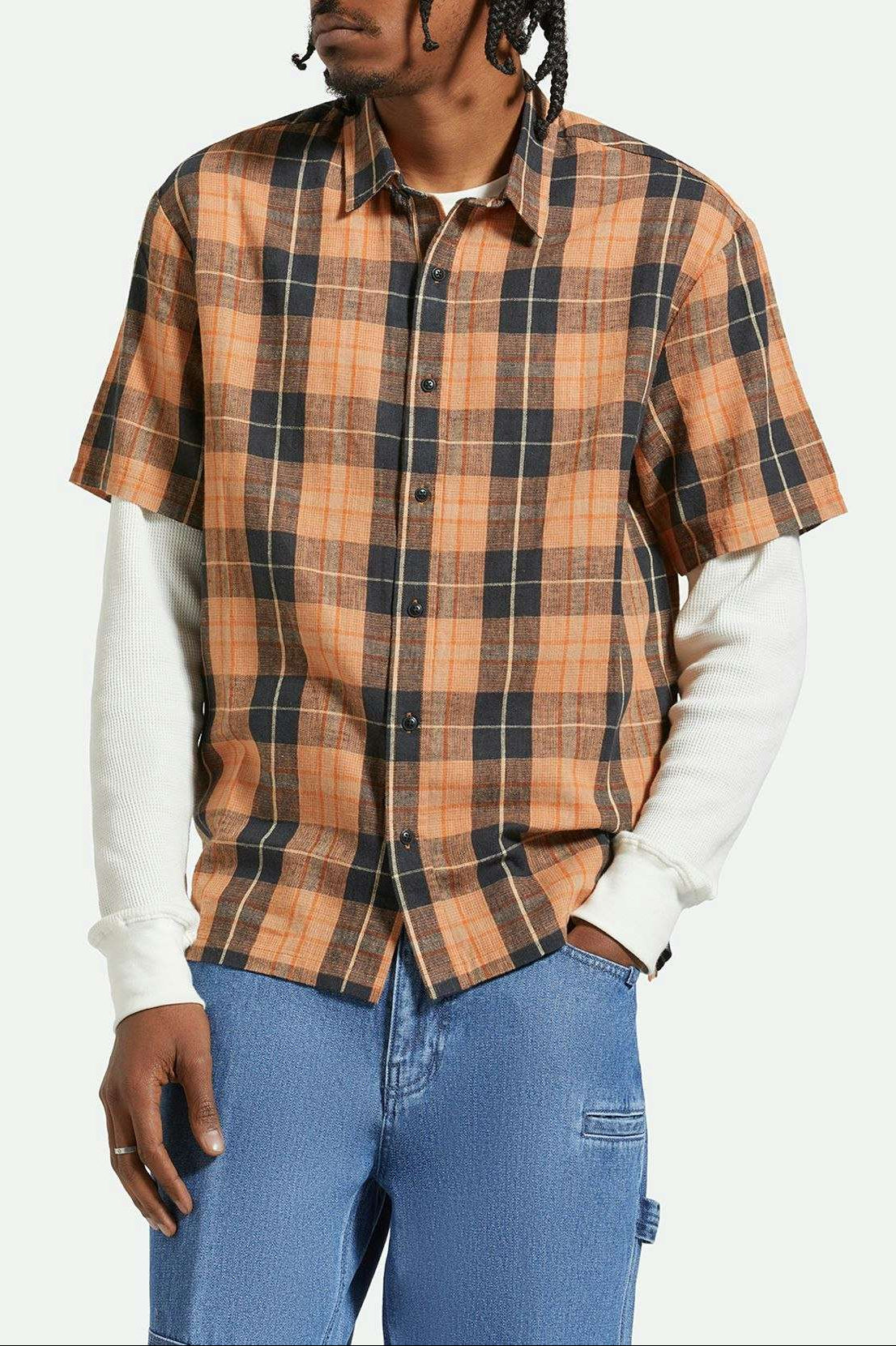 Men's Fit, front | Cru Linen Blend Relaxed S/S Woven Shirt - Black/Rust Orange