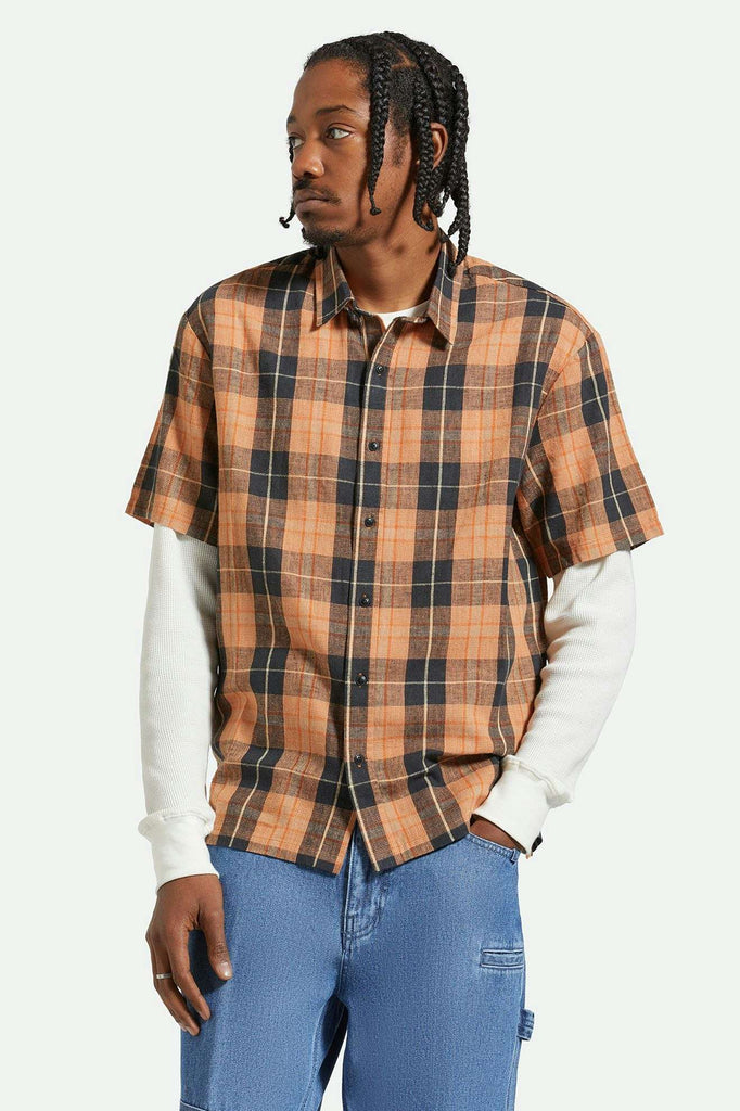 Men's Fit, front | Cru Linen Blend Relaxed S/S Woven Shirt - Black/Rust Orange