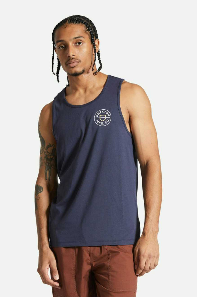 Men's Fit, Front View | Crest Tank Top - Washed Navy/Off White