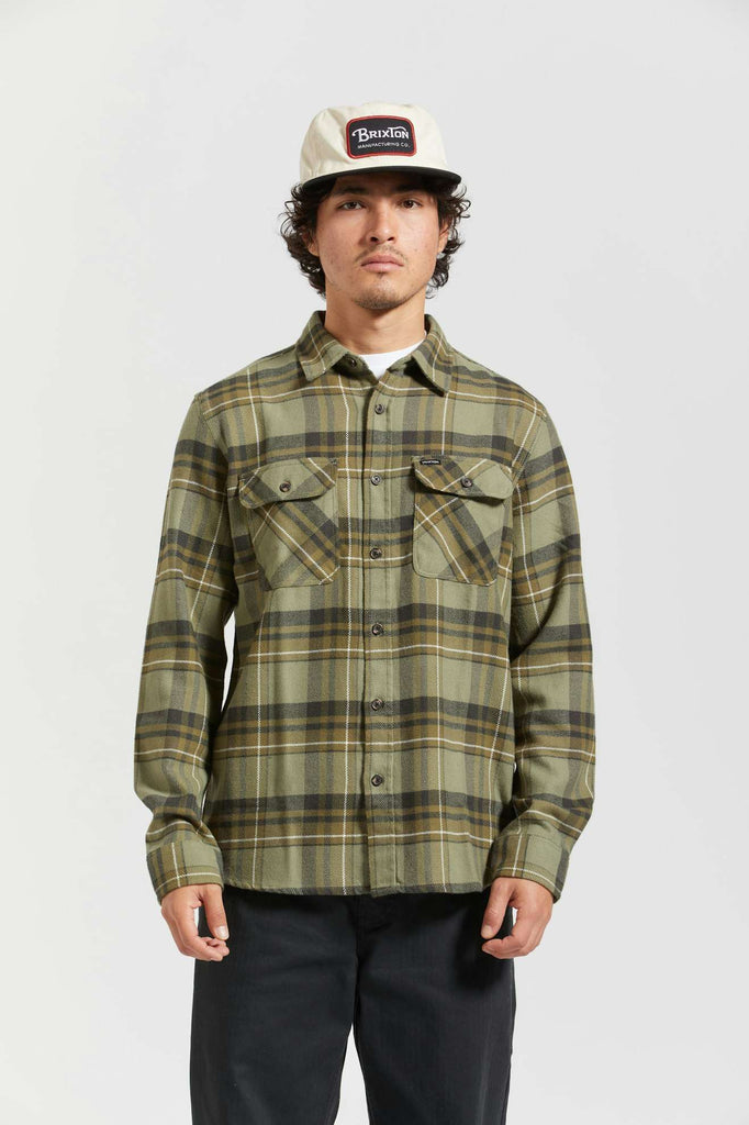 Men's Fit, front | Bowery L/S Flannel - Vetiver/Laurel Wreath/Washed Black