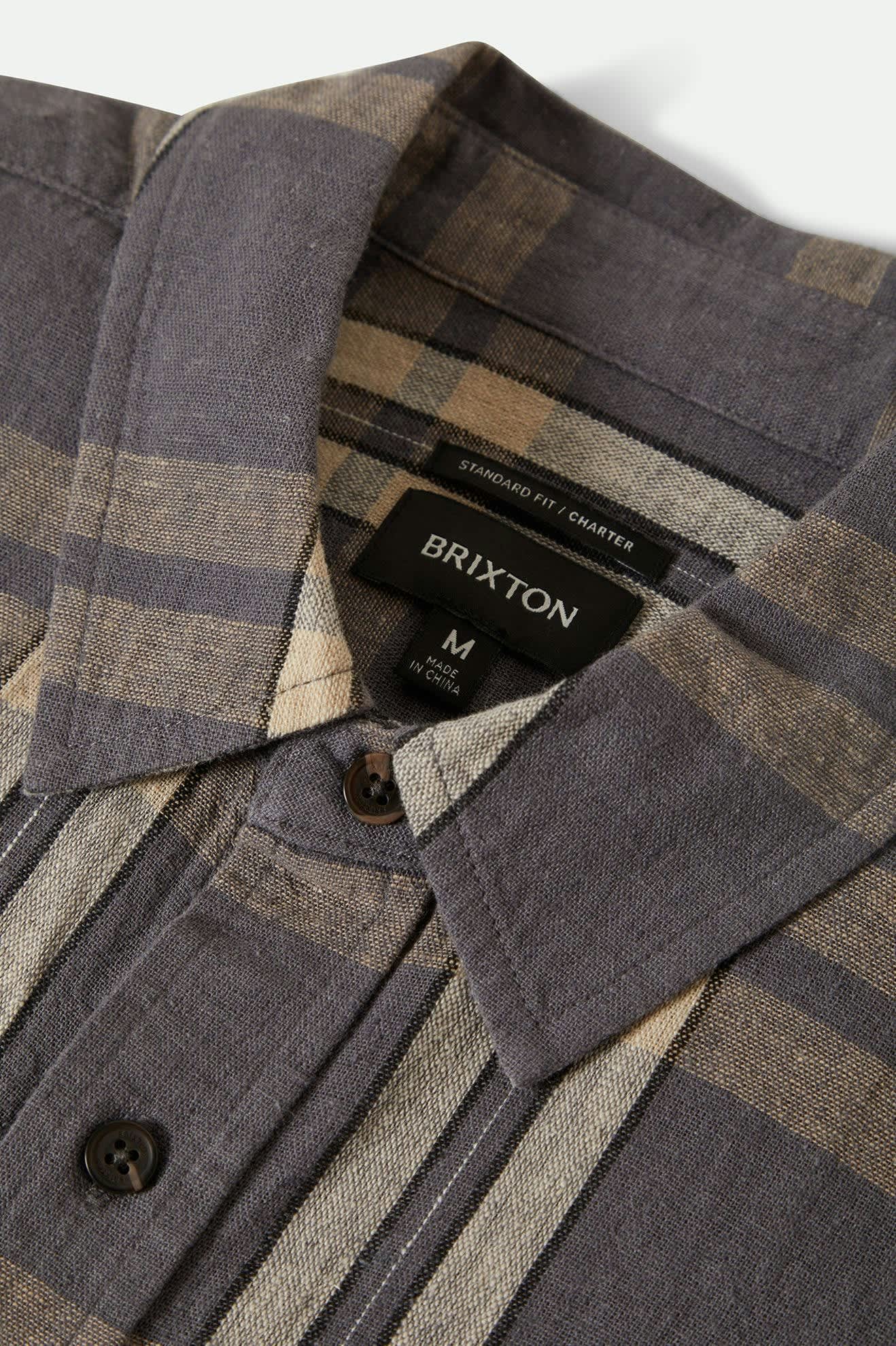 Men's Charter Linen Blend S/S Shirt in the color Charcoal/Beige Plaid - Additional Laydown image