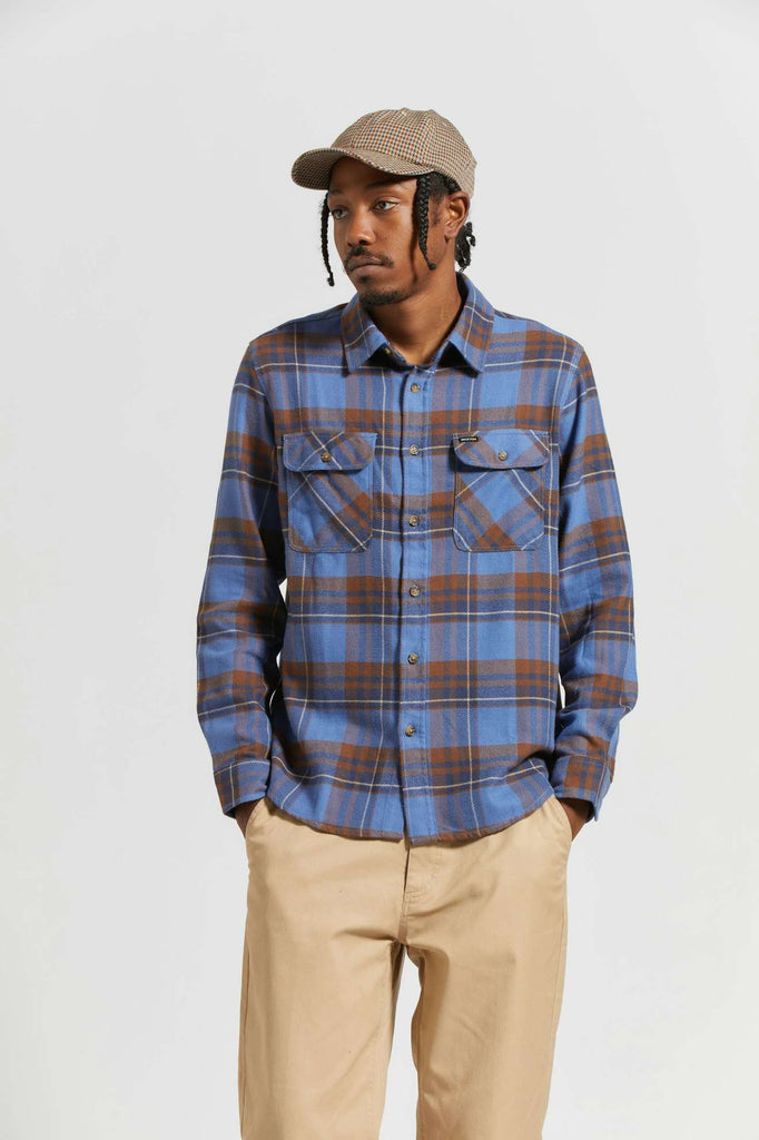 Men's Fit, front | Bowery L/S Flannel - Bijoue Blue/Pinecone Brown/Washed Navy