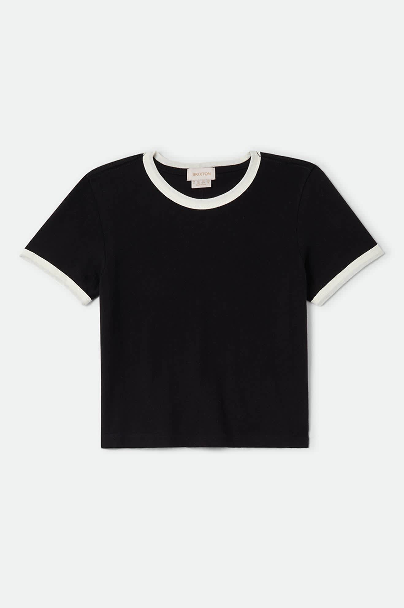 Women's Carefree Organic Garment Dye Ringer T-Shirt in the color Black/Off White - Front Product Laydown Image