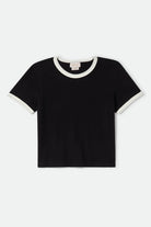 Women's Carefree Organic Garment Dye Ringer T-Shirt in the color Black/Off White - Front Product Laydown Image