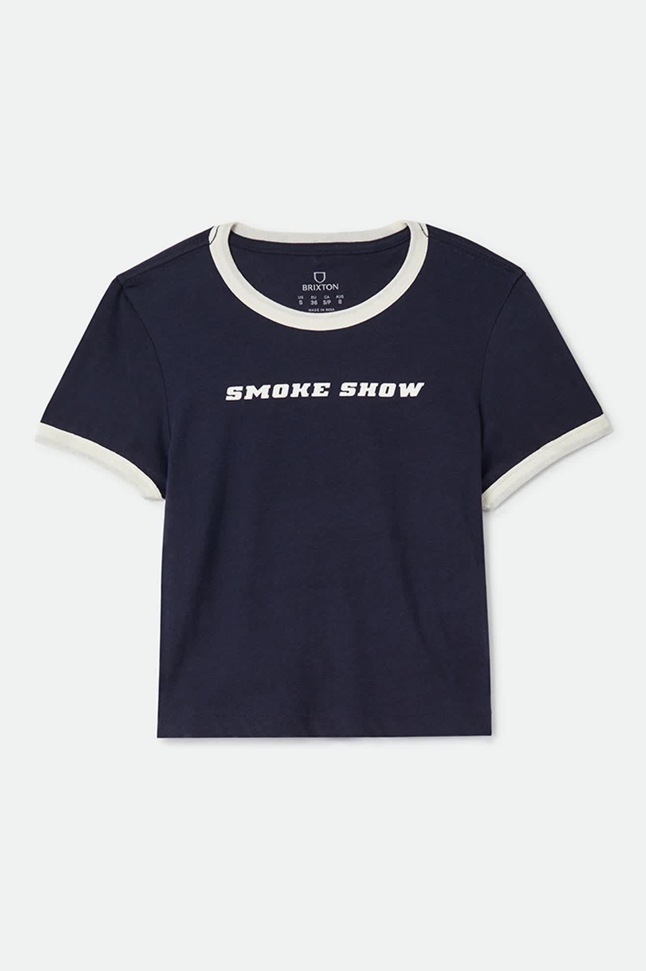 Women's Smoke Show Baby T-Shirt in the color Washed Navy/Whitecap - Front Product Laydown Image
