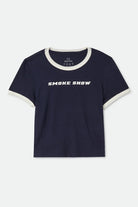 Women's Smoke Show Baby T-Shirt in the color Washed Navy/Whitecap - Front Product Laydown Image