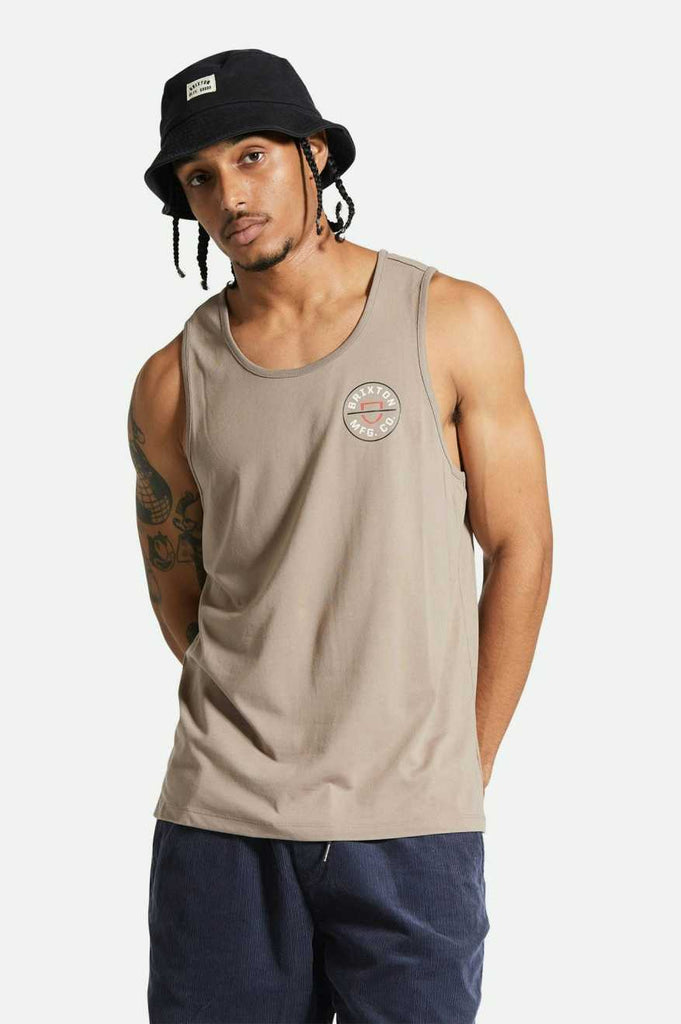 Men's Fit, Front View | Crest Tank Top - Cinder Grey/Off White