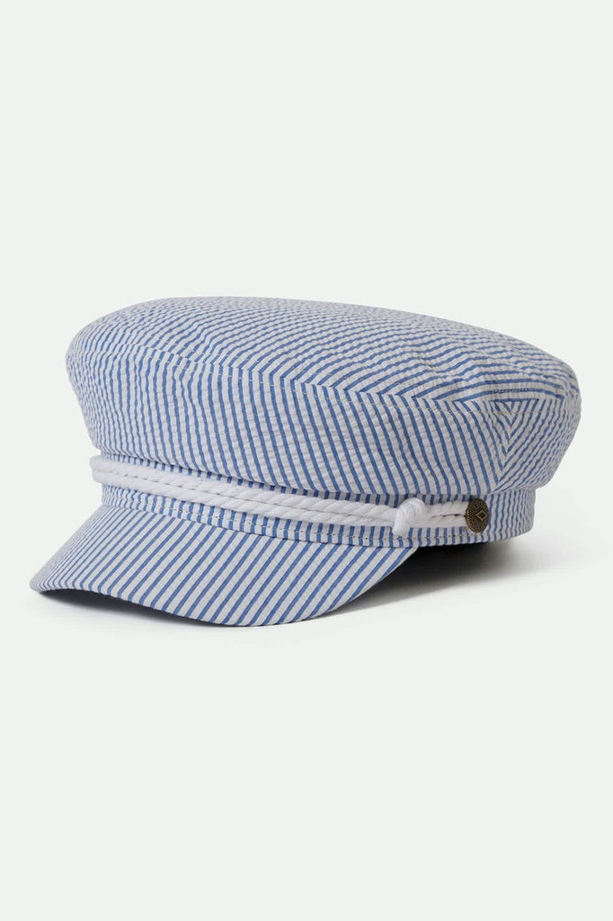 Women's Fiddler Fisherman Cap in the color Off White/Blue Seersucker - Front Product View