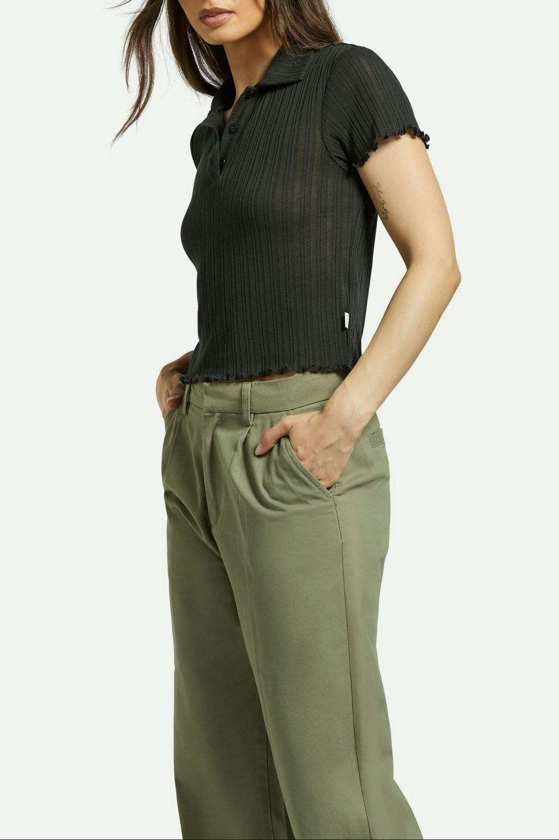 Brixton Women's Novelty Ribbed S/S Polo - Washed Black | Front fit