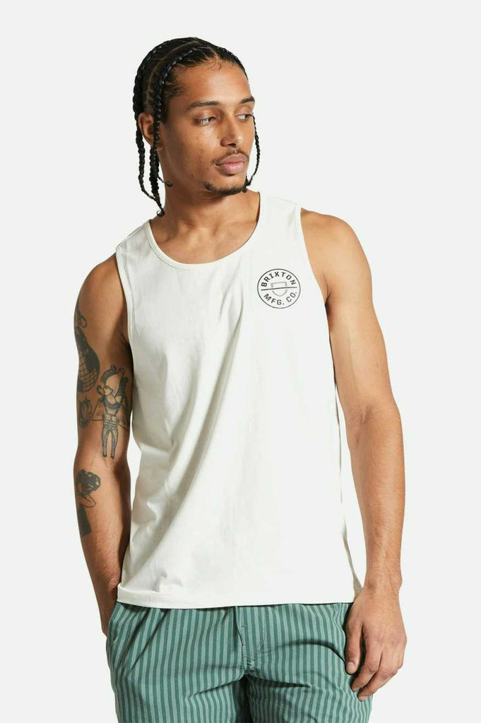 Men's Fit, Front View | Crest Tank Top - Off White/Black