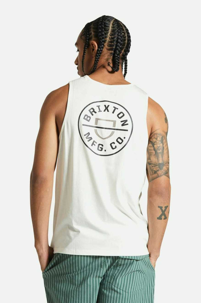 Men's Fit, Back View | Crest Tank Top - Off White/Black