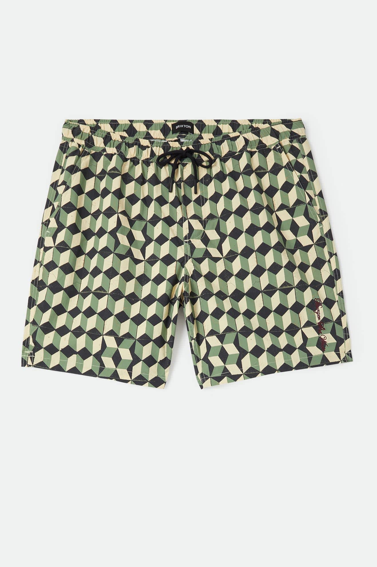 Men's Burger She Wrote Hybrid Short in the color Black/Green Tile - Front Product Laydown Image