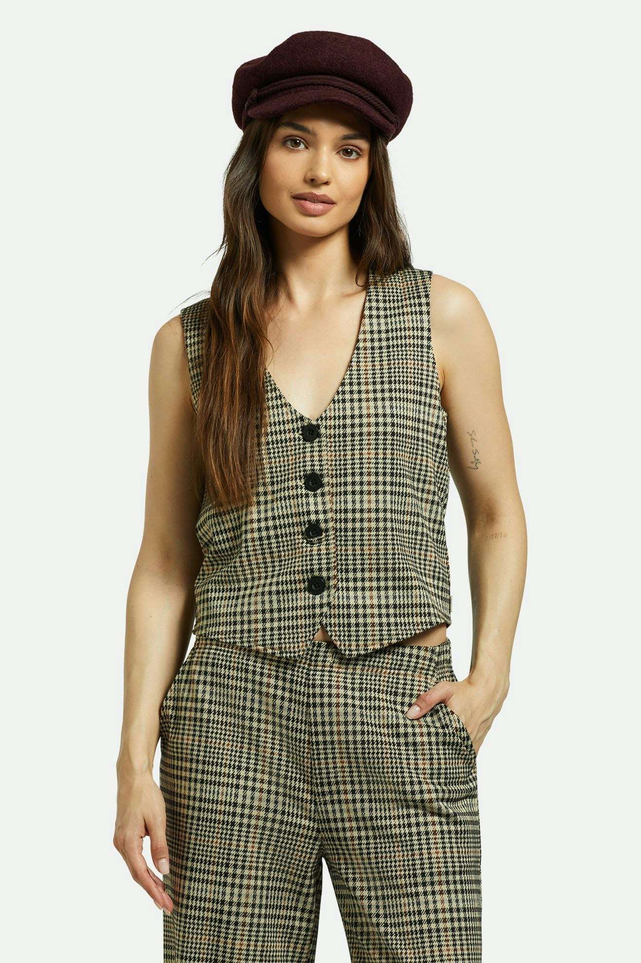 Brixton Women's Menswear Plaid Leisure Vest - Winter White/Black Plaid | Front fit