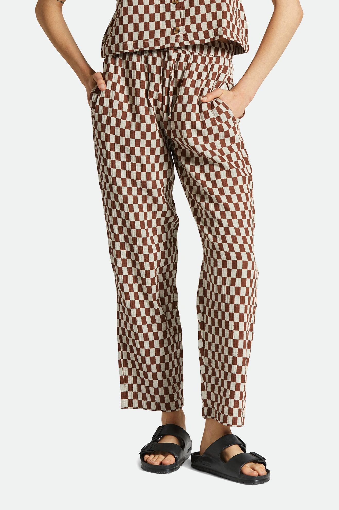 Women's Fit, Front View | Mykonos Small Check Pant - Sepia