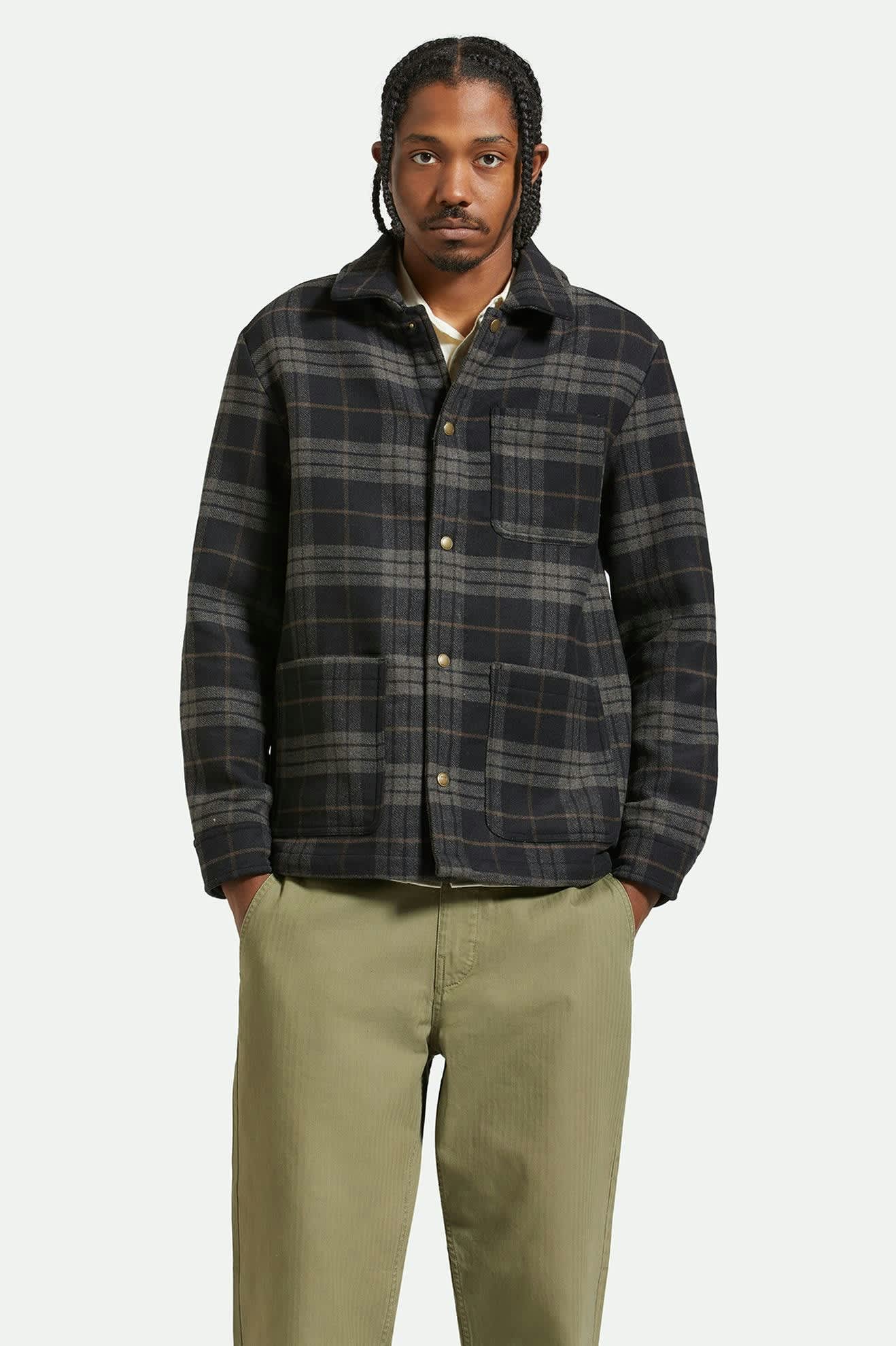 Men's Shop Menswear Chore Coat in the color Black/Charcoal Plaid - Men's Front View