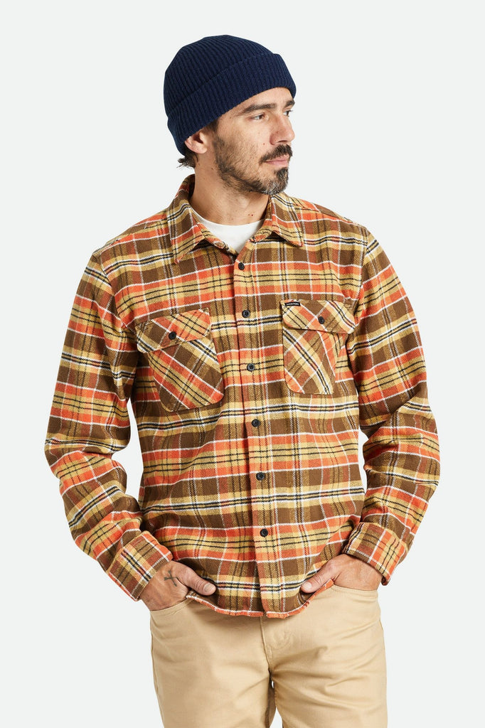Men's Fit, Front View | Bowery Heavyweight L/S Flannel - Desert Palm/Antelope/Burnt Red