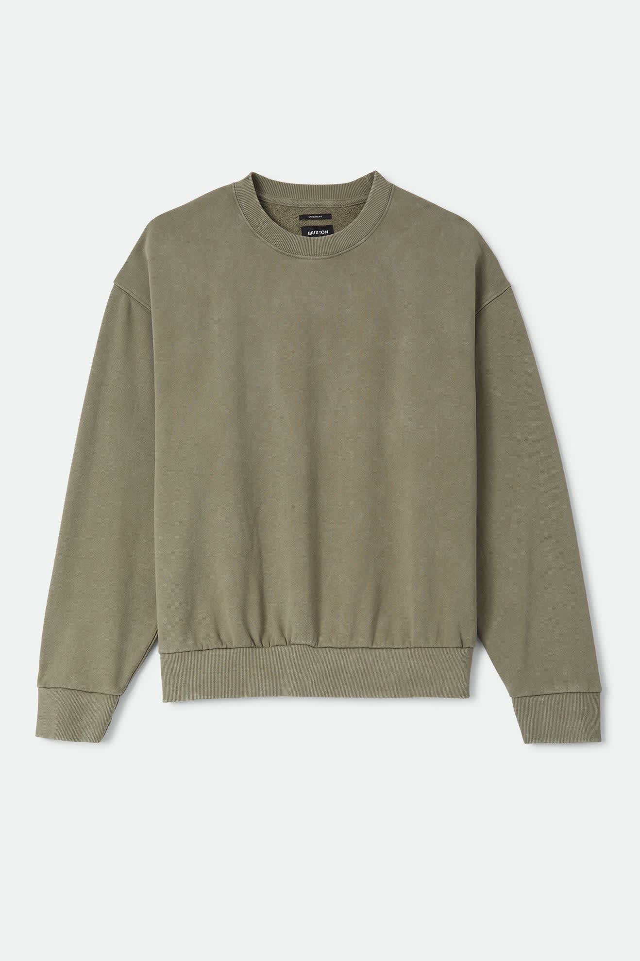Men's Brixton Baseline Crew Fleece in the color Olive Surplus Vintage Wash - Front Product Laydown Image