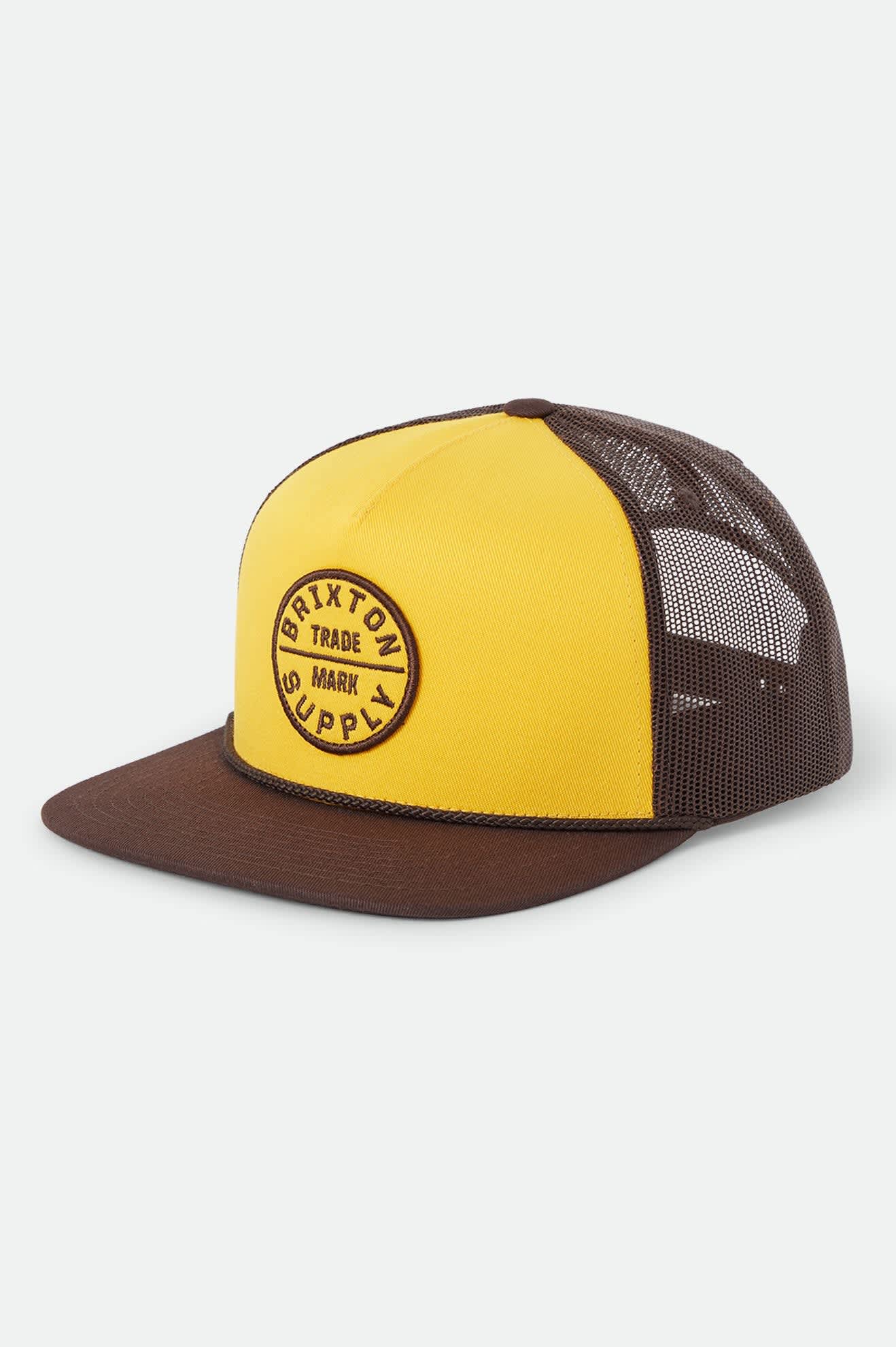 Unisex Oath Trucker Hat in the color Golden Hour/Coco - Front Product Laydown Image