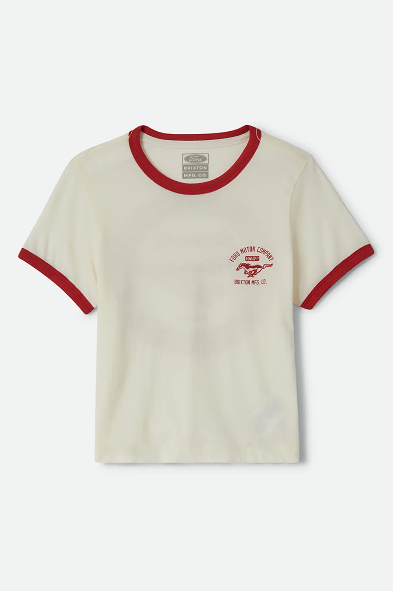 Women's Ford Mustang Baby Ringer T-Shirt in the color Wimbledon White - Front Product Laydown Image