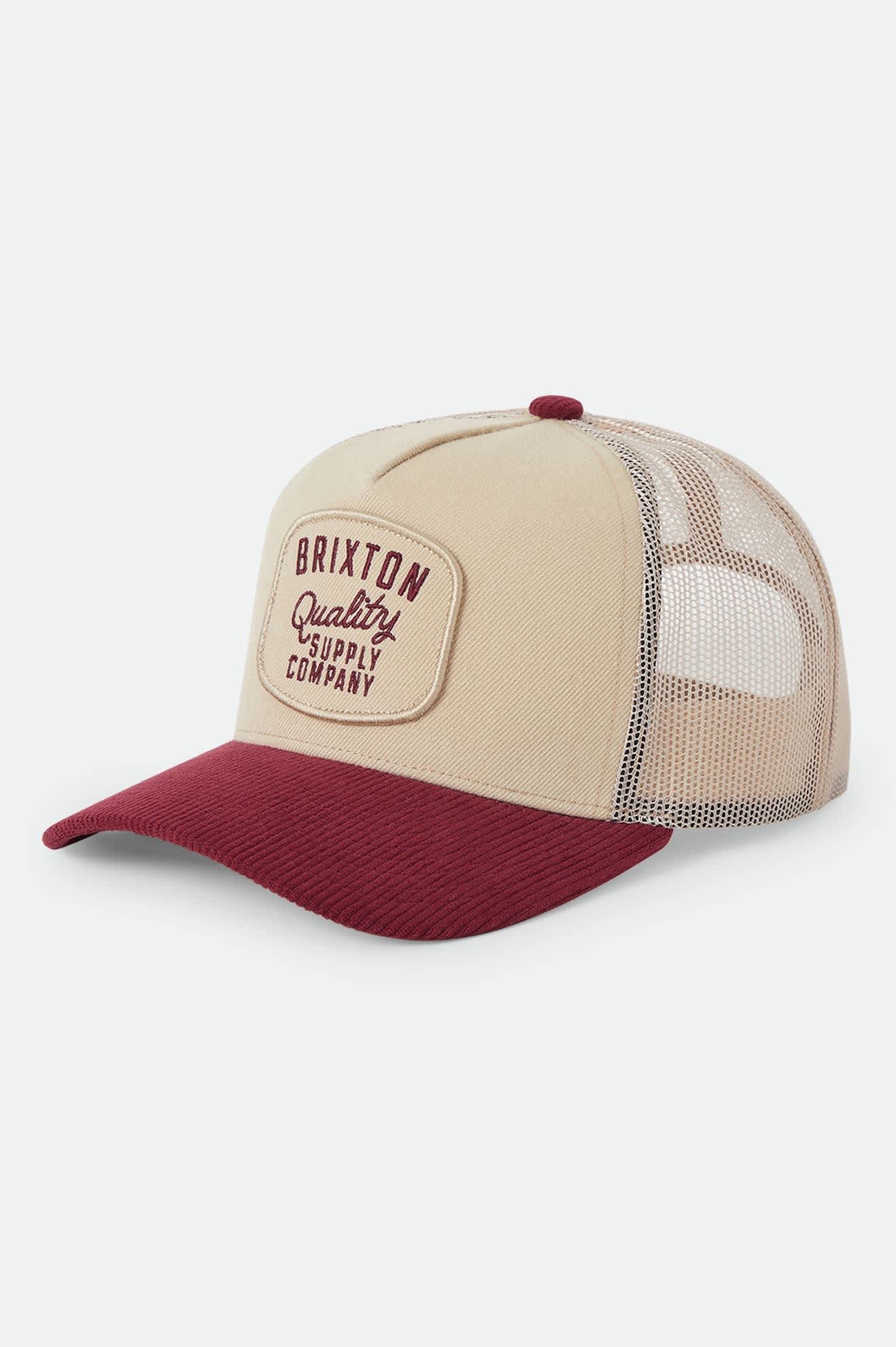Unisex Hubal Trucker Hat in the color Oatmeal/Dark Brick Corduroy - Front Product Laydown Image