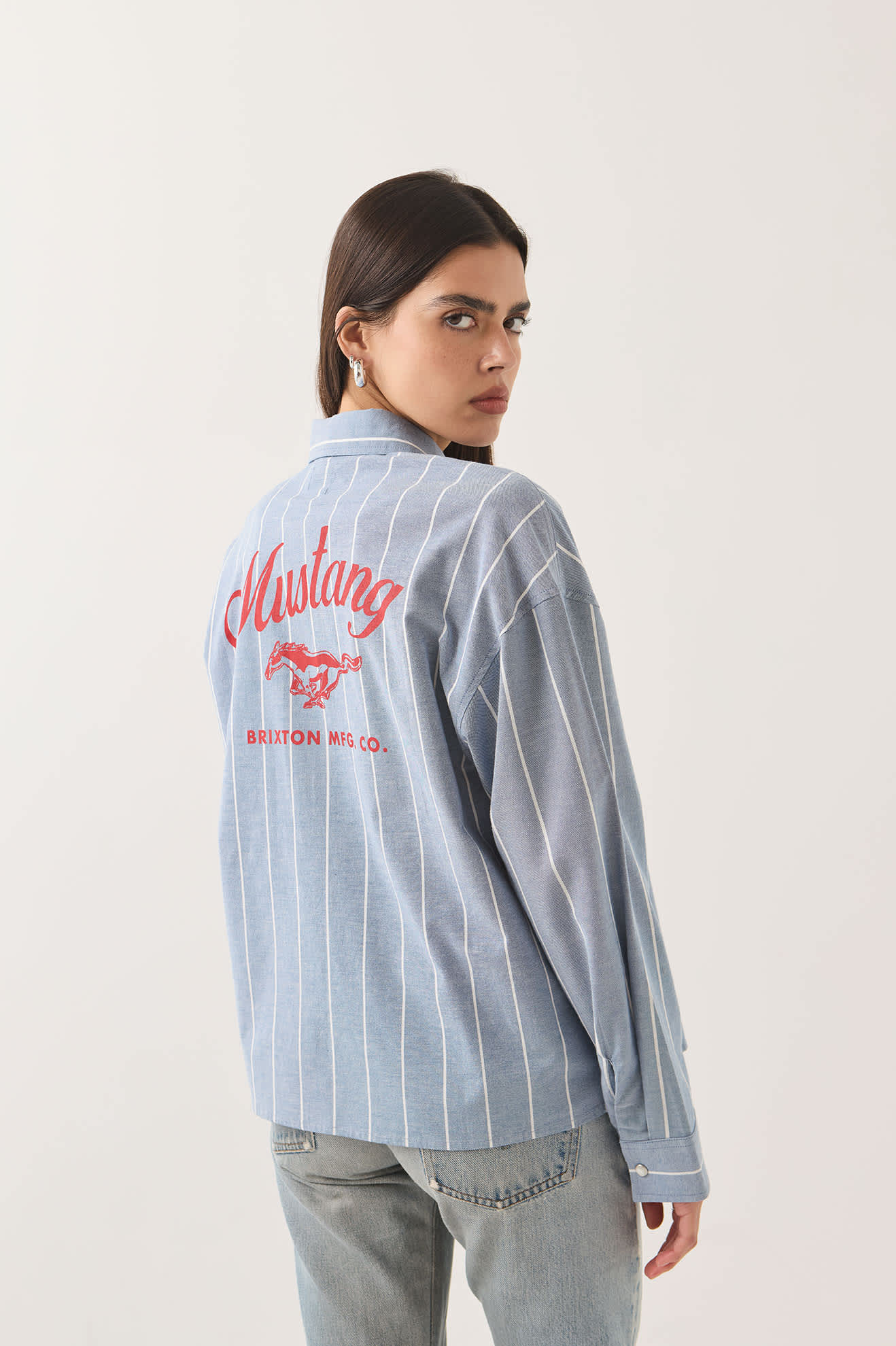Women's Ford Mustang Sally Shirt in the color Blue Chambray/Stripe - Additional Fit image