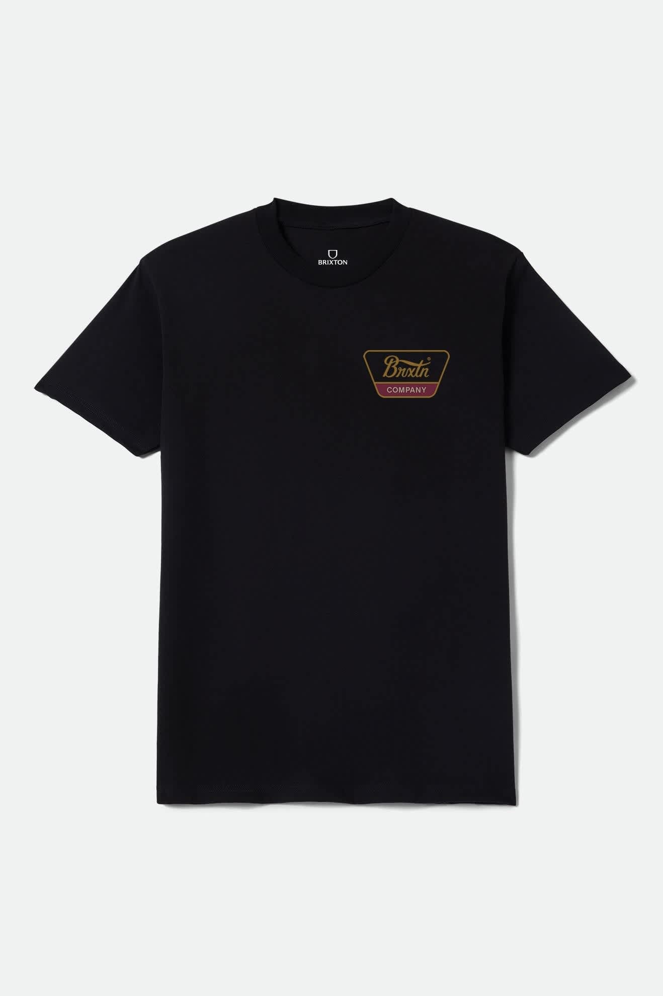 Men's Linwood Standard T-Shirt in the color Black/Metal Bronze/Red Mahogany - Front Product Laydown Image