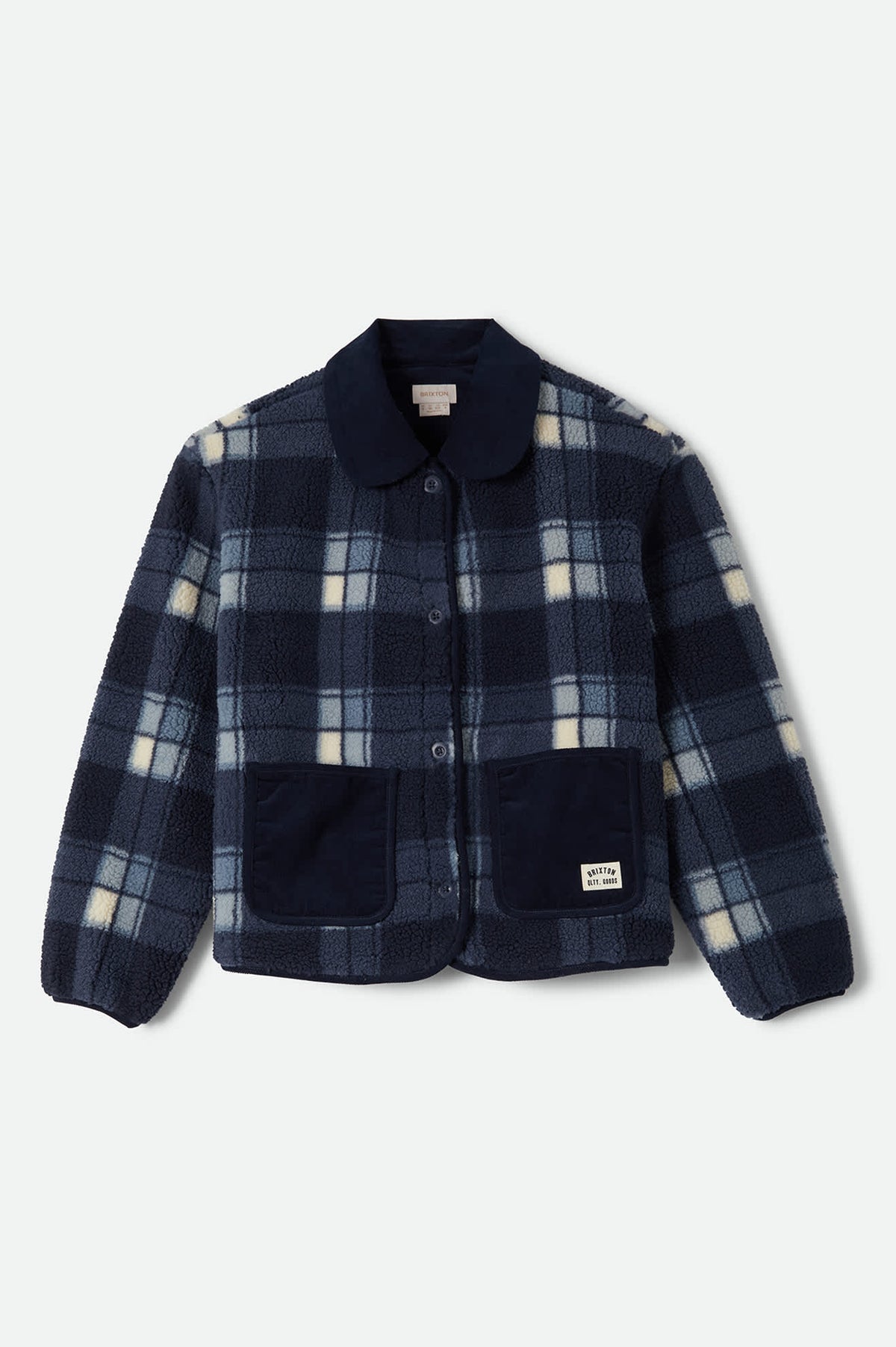 Women's Delilah Sherpa Jacket in the color Classic Navy Plaid - Front Product Laydown Image