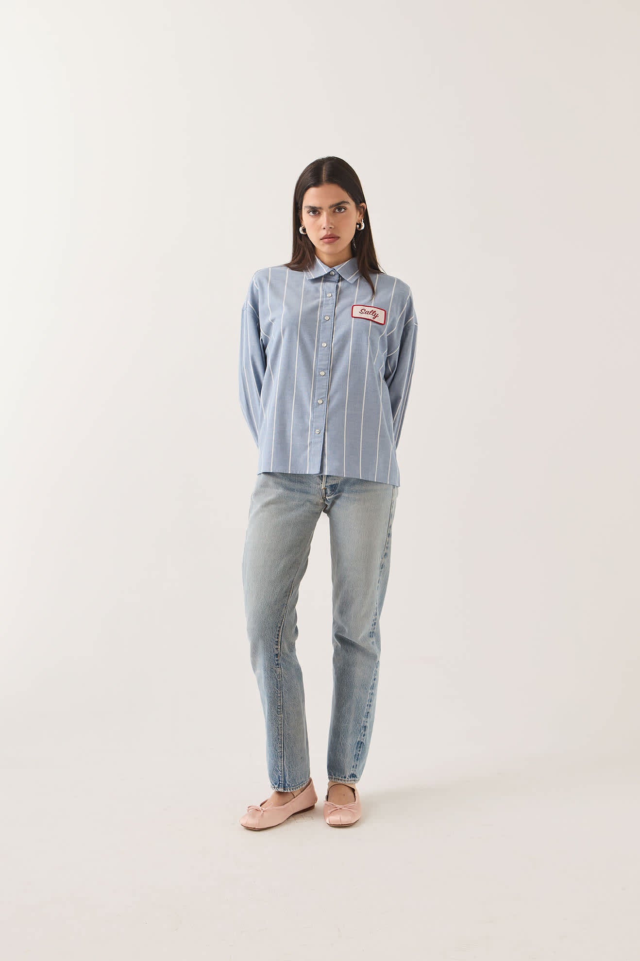 Women's Ford Mustang Sally Shirt in the color Blue Chambray/Stripe - Women's Front Fit Image