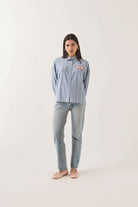 Women's Ford Mustang Sally Shirt in the color Blue Chambray/Stripe - Women's Front Fit Image