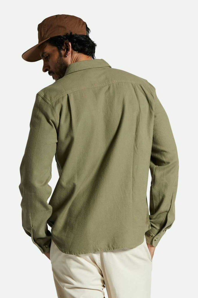 Men's Fit, Back View | Bowery Lightweight Ultra Soft L/S Flannel - Olive Surplus