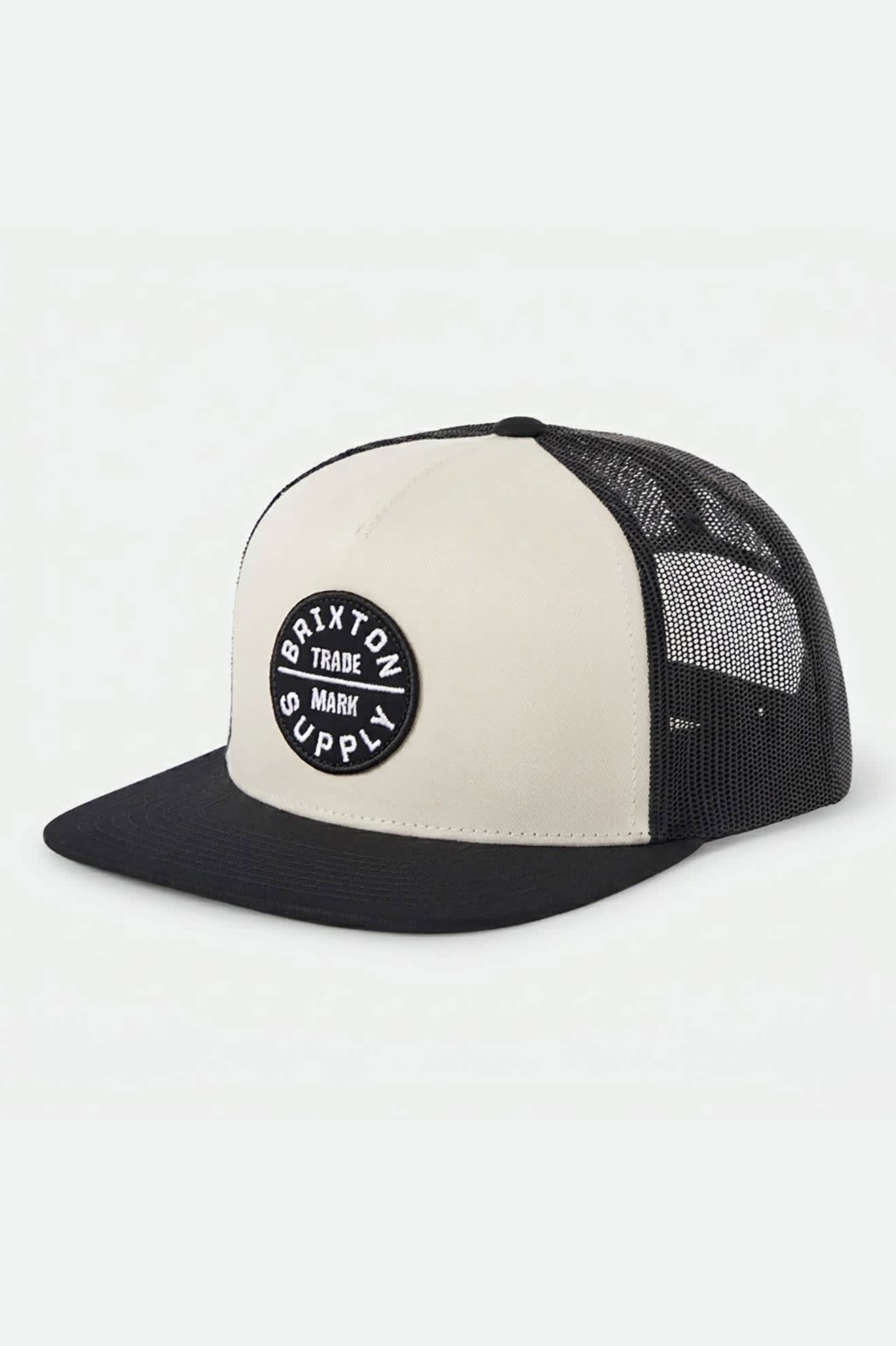 Unisex Oath Trucker Hat in the color Whitecap/Black - Front Product Laydown Image