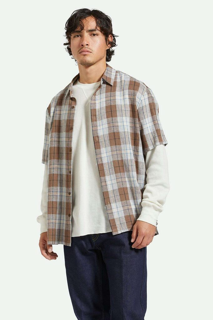 Men's Fit, front | Cru Linen Blend Relaxed S/S Woven Shirt - Pinecone Brown/Coronet Blue