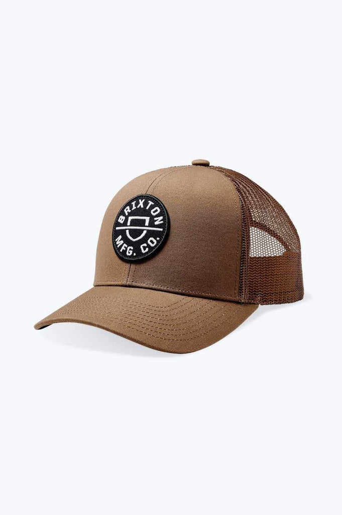 Brixton Men's Crest Netplus Trucker Hat - Dark Earth/Desert Palm | Profile