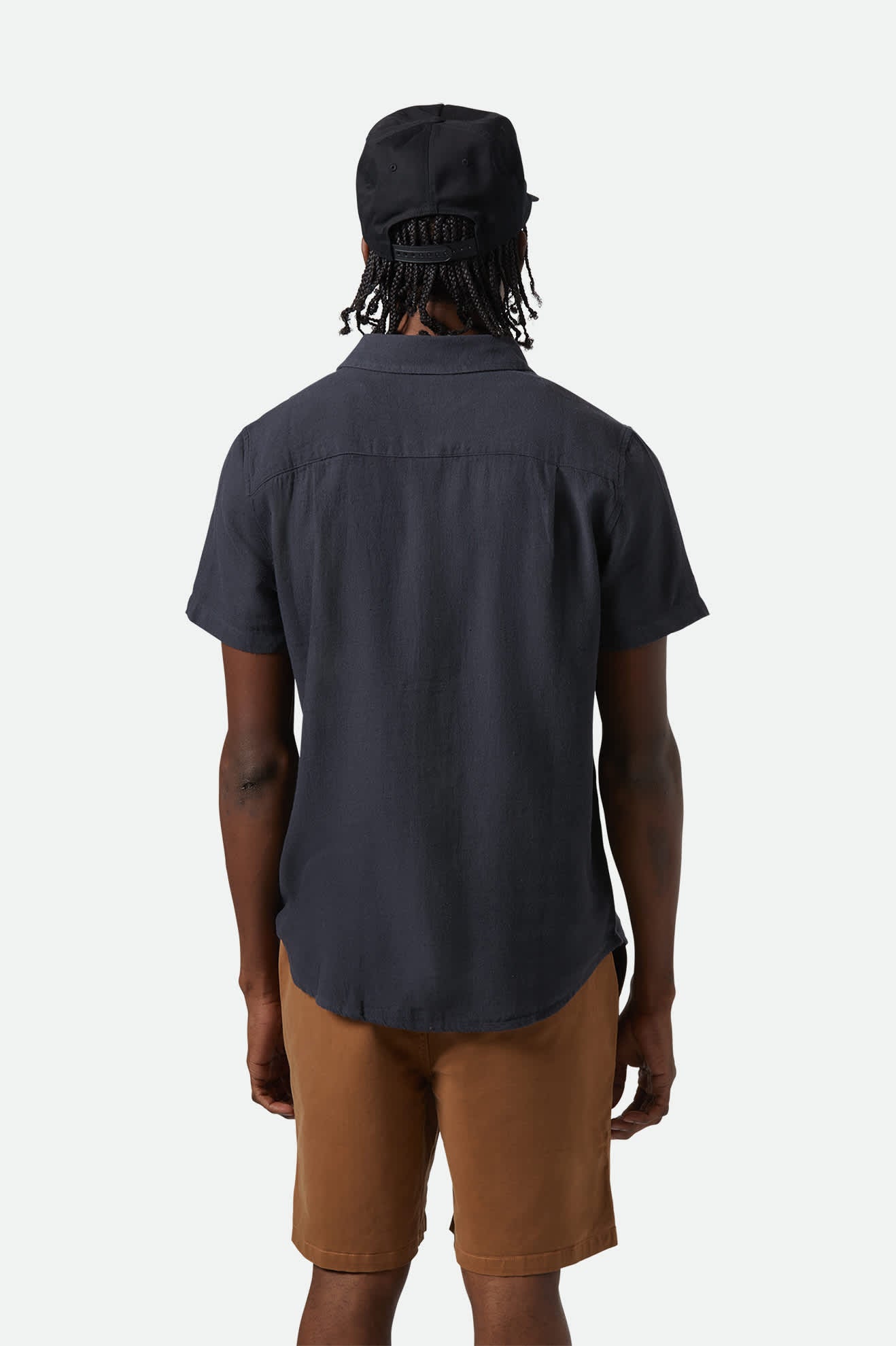 Men's Charter Organic Cotton Linen Blend S/S Shirt in the color Washed Black - Men's Back View