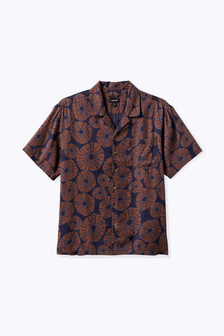 Brixton Men's Bunker Slub S/S Camp Collar Shirt - Washed Navy/Sepia | Profile