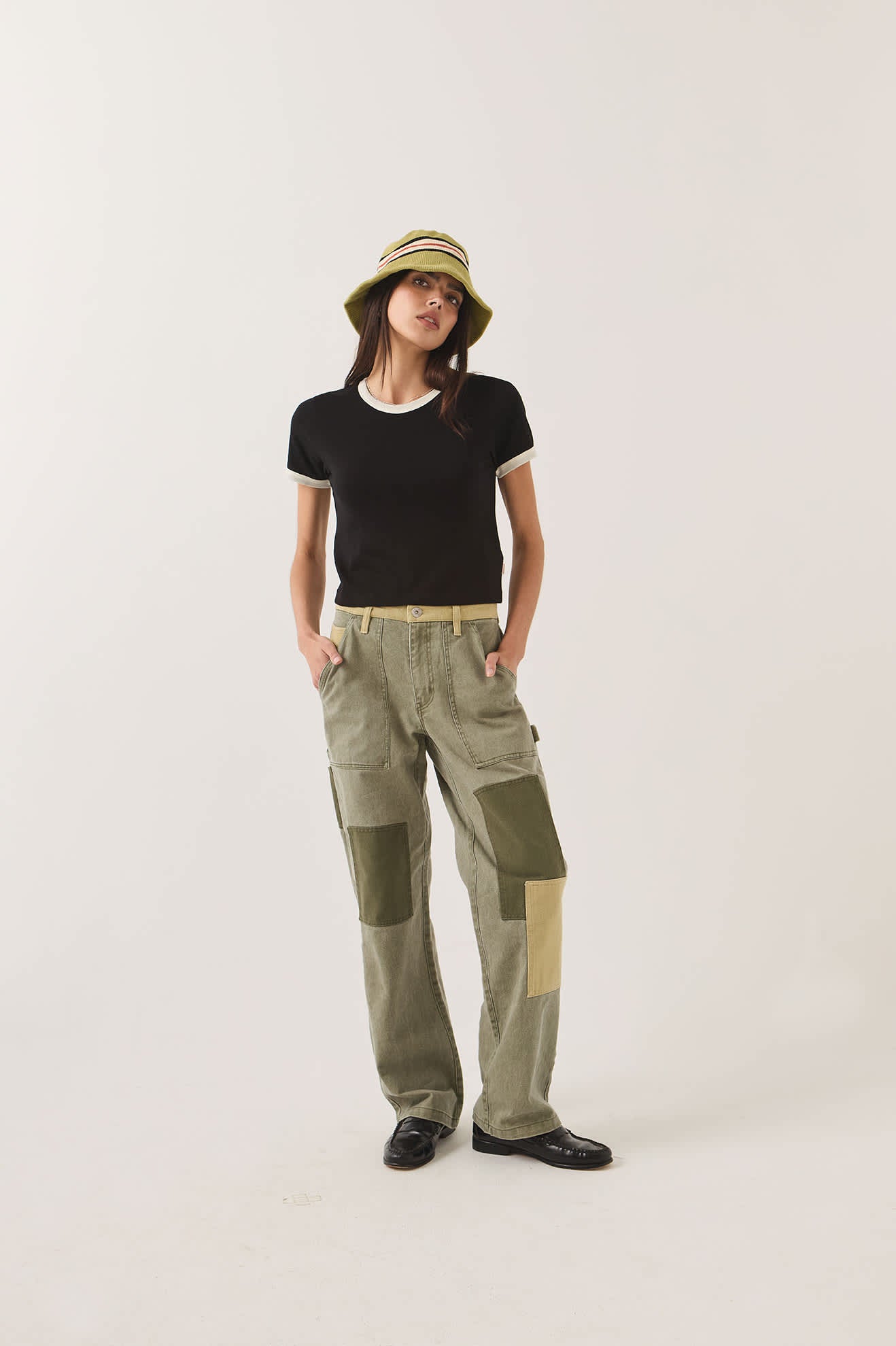 Women's Essex Patchwork Painter Pant in the color Denim Patchwork - Women's Front Fit Image