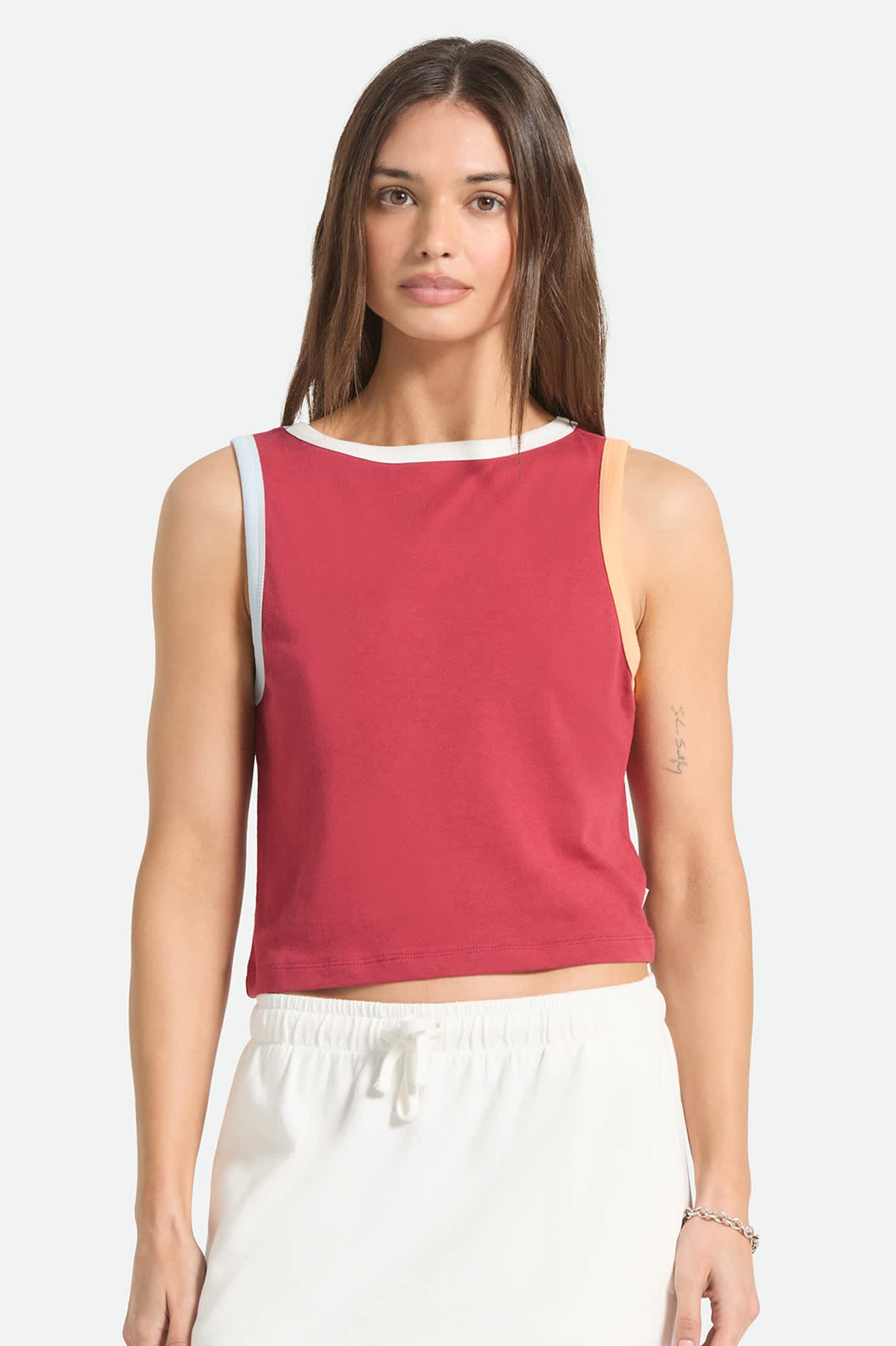 Women's Carefree Organic Garment Dye Cropped Tank in the color Robust Red - Women's Front Fit Image