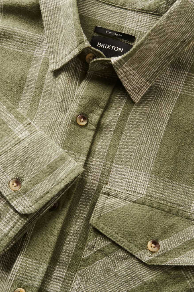 Brixton Men's Memphis Linen Blend L/S Woven Shirt - Olive Surplus/Whitecap | Extra Shot