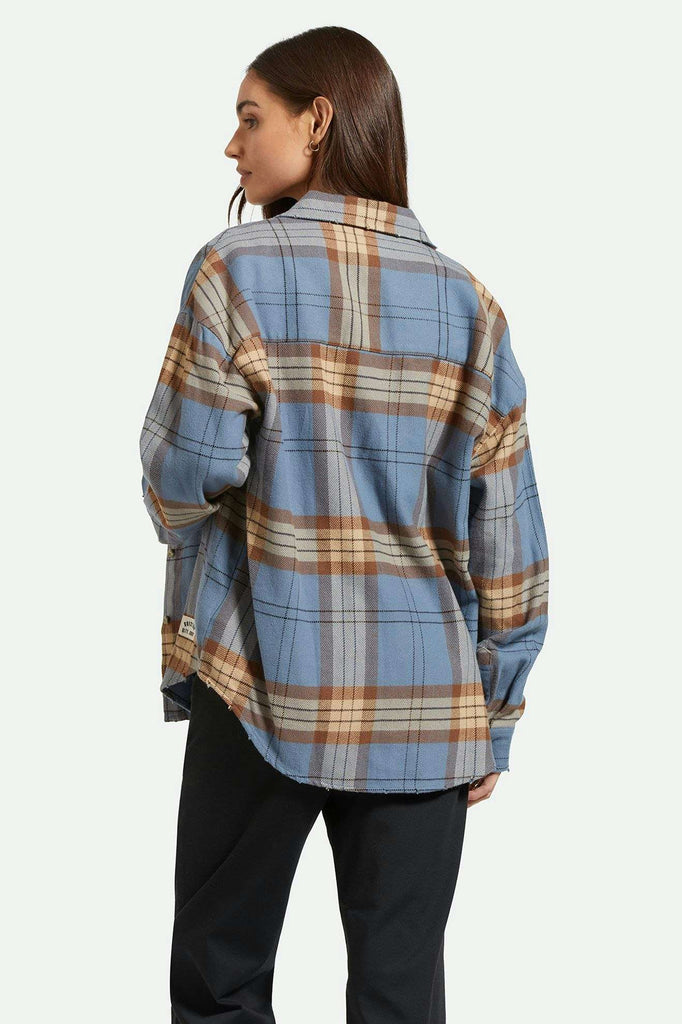 Back Fit Image | Bowery Women's Classic L/S Flannel - Flint Blue/Pinecone Brown Plaid