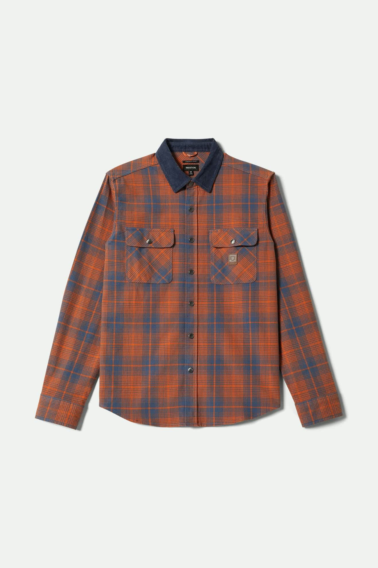Men's Builders Bowery Performance Flannel in the color Solar Orange/Bering Sea - Front Product View