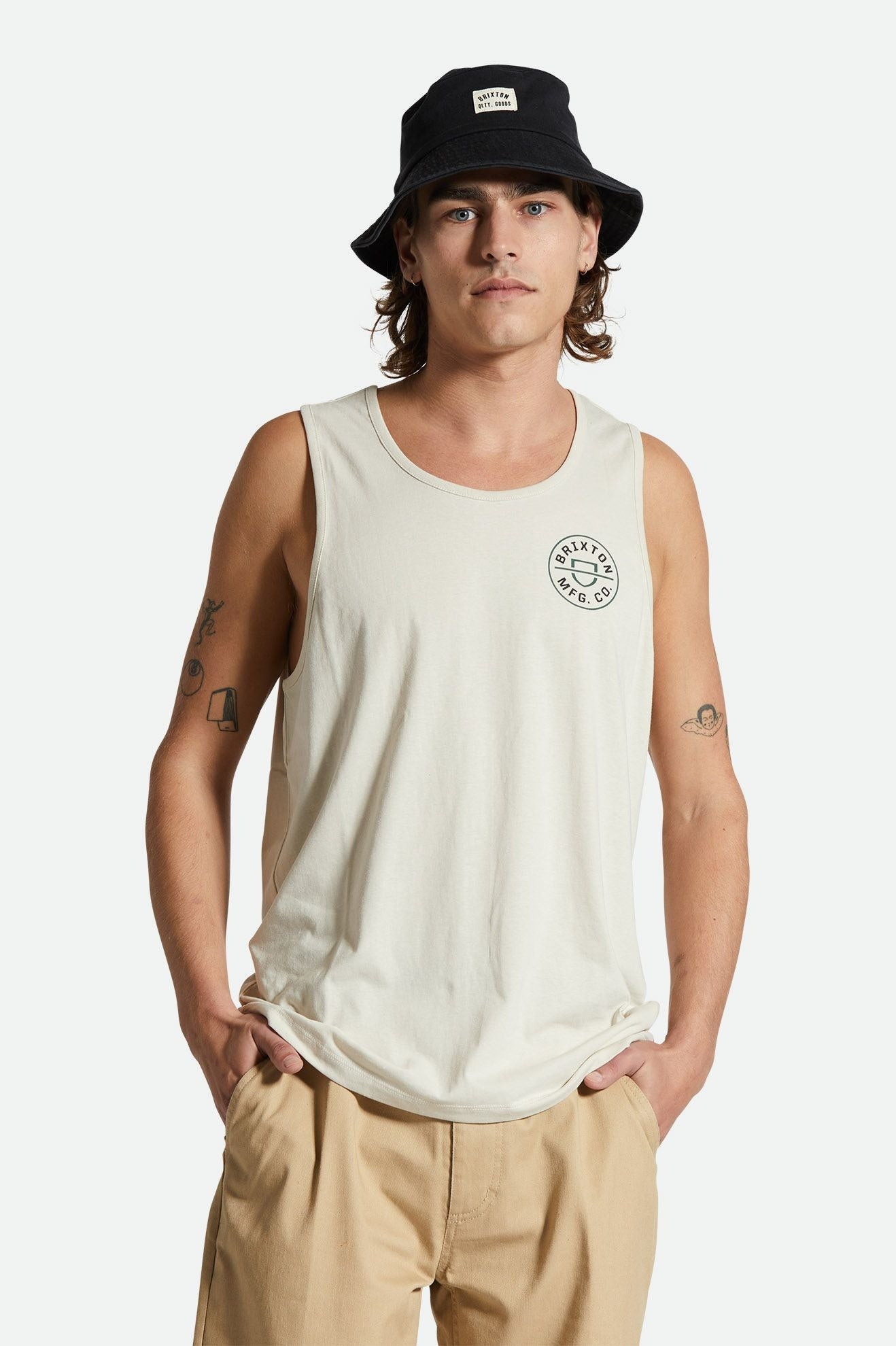 Men's Fit, Front View | Crest Tank Top - Beige/Trekking Green/Black