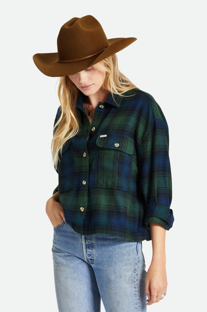 Women's Fit, Front View | Bowery Women's L/S Flannel - Pine Needle/Deep Sea