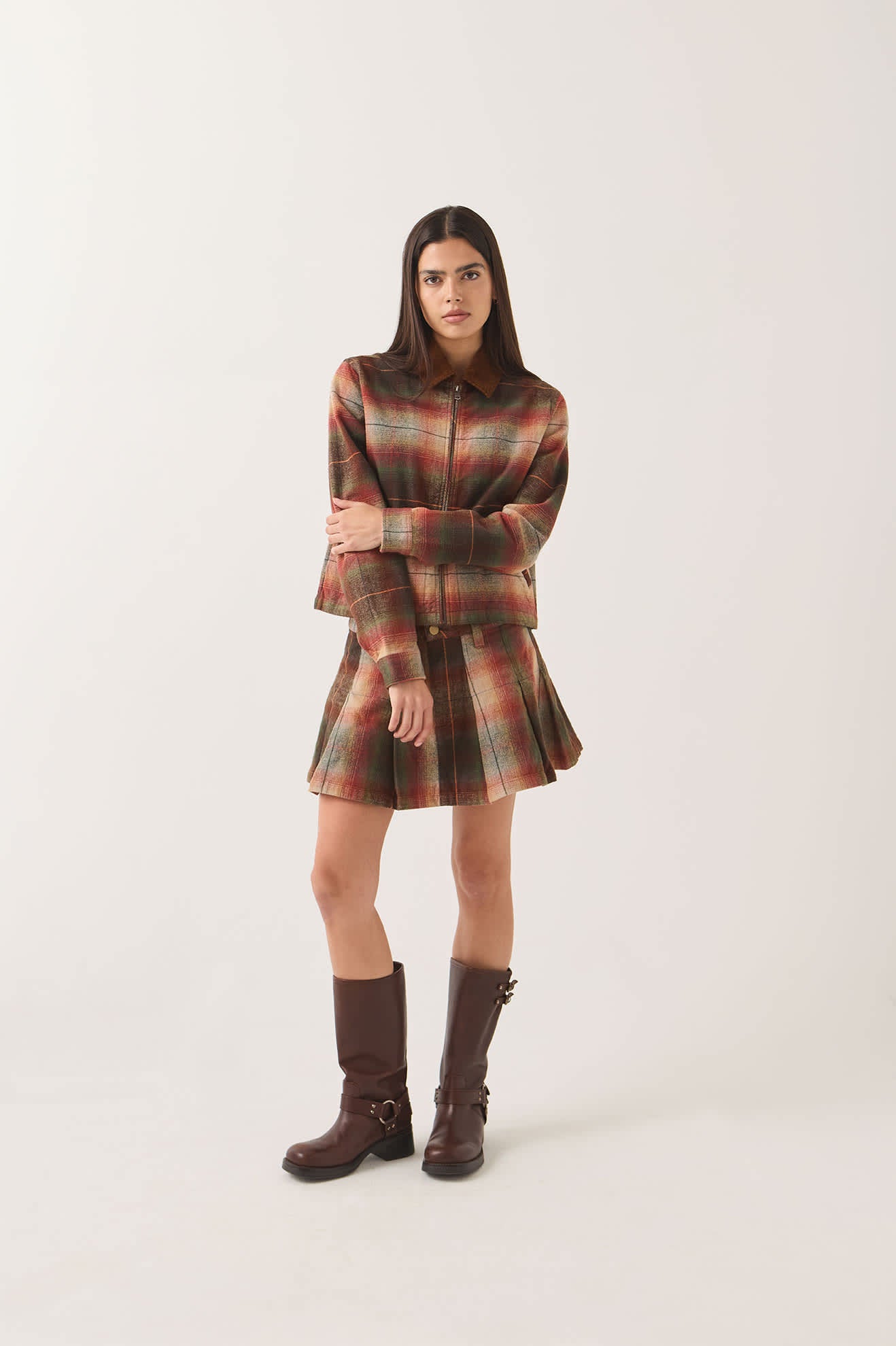Women's Pleated Mini Skirt in the color Multi Shadow - Women's Front Fit Image