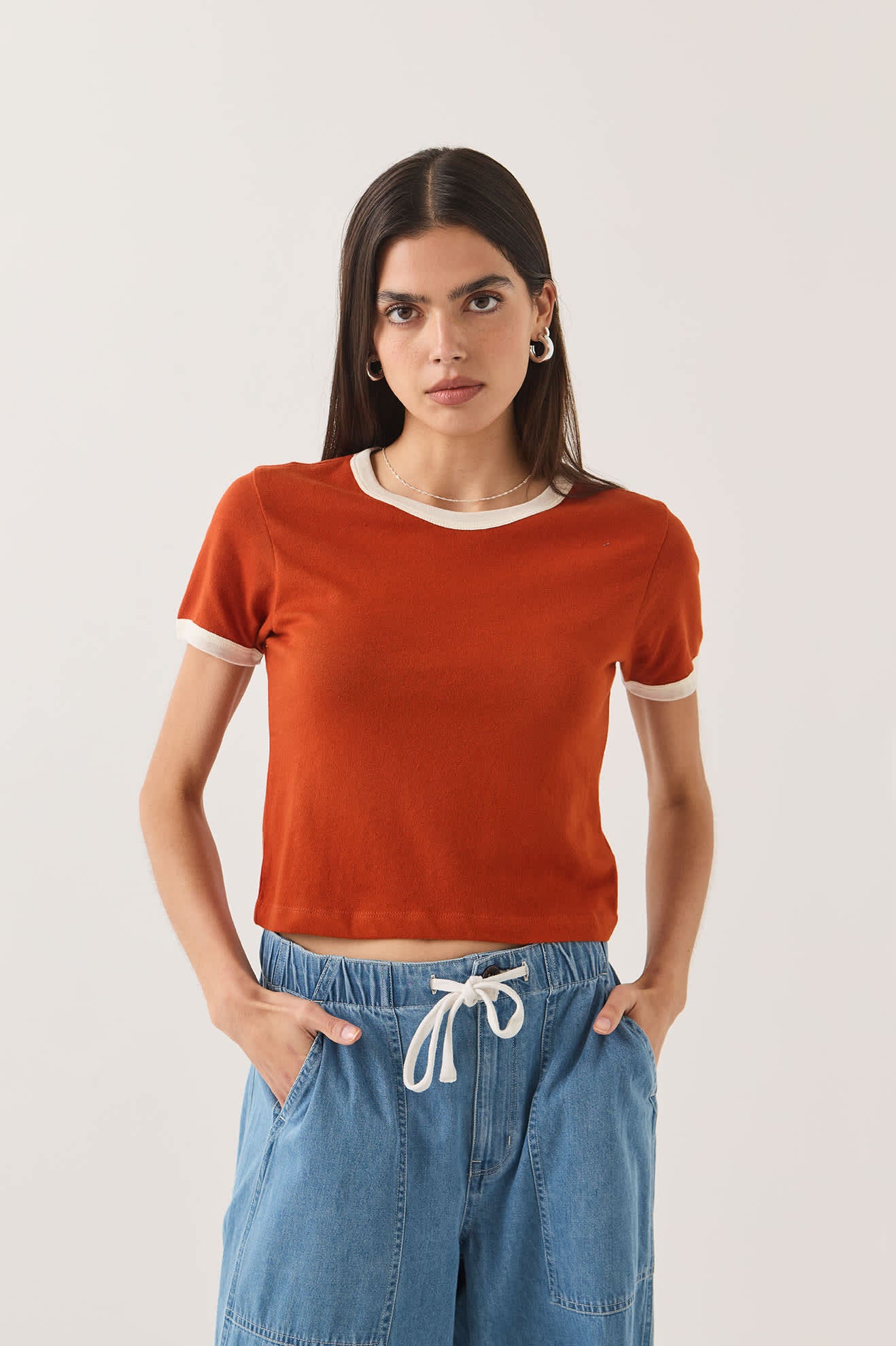 Women's Carefree Organic Garment Dye Ringer T-Shirt in the color Rust/Off White - Women's Front Fit Image