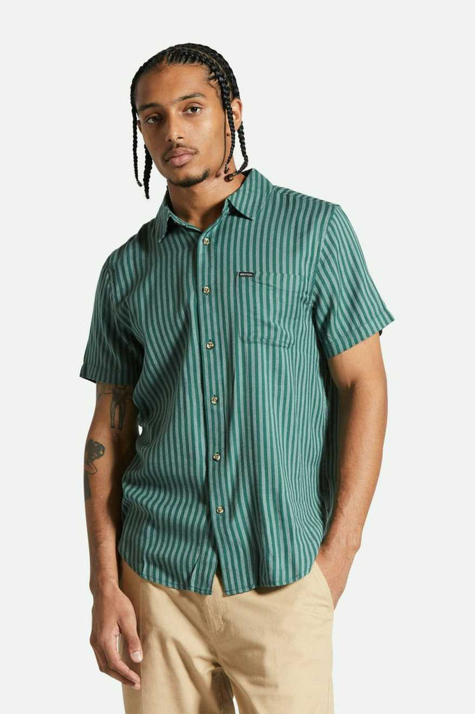 Men's Fit, Front View | Charter Herringbone Stripe S/S Woven Shirt - Trekking Green/Chinois
