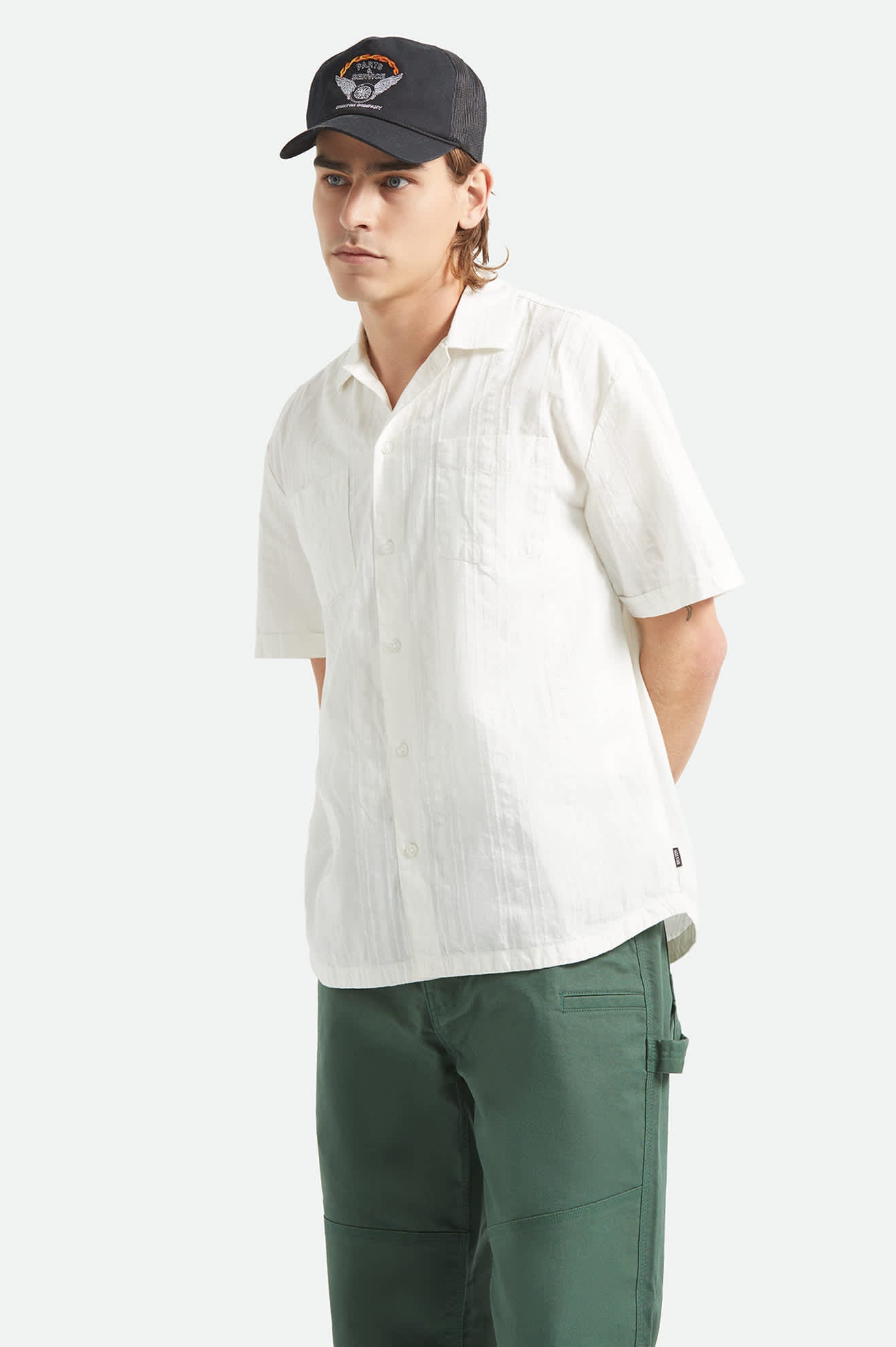 Men's Vintage Short Sleeve Shirt in the color Off White Jacquard Stripe - Men's Front View