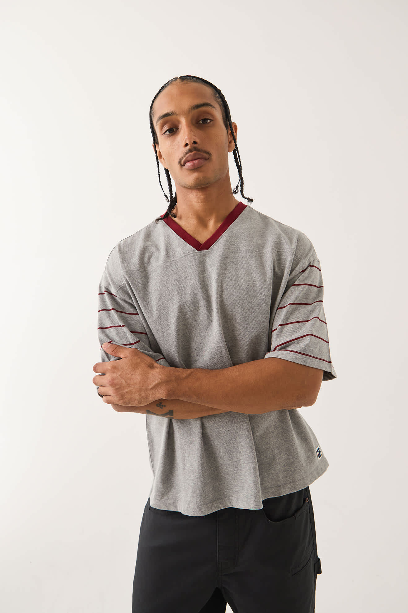Men's Brixton Football T-Shirt in the color Heather Grey/Maroon - Additional Fit image
